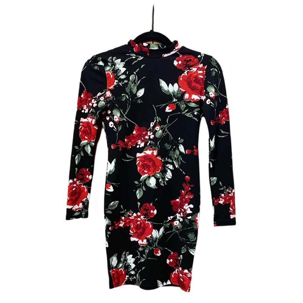 SHEIN Junior Floral Long Sleeve Dress - Black&Red - Size 11/12Y